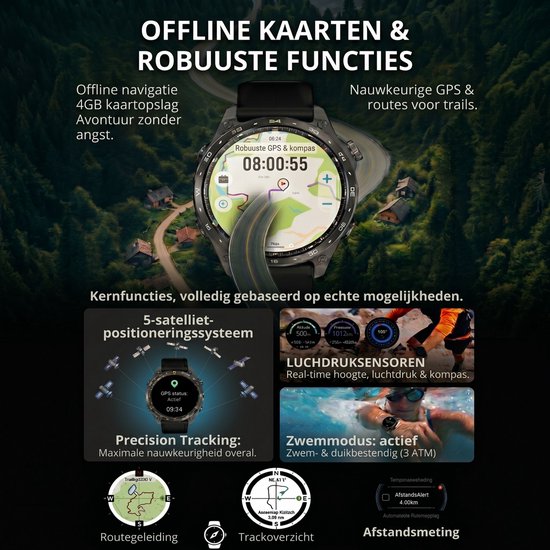 Royal Empire HD Pro GPS Smartwatch Heren - AMOLED Smartwatch met Ingebouwde GPS & Belfunctie - 100+ Sportmodi, Kompas & Zaklamp - Hartslagmeter, Slaapmonitor & SpO2 Meter - Inclusief 3 Bandjes - 1.43 Inch - Zwart