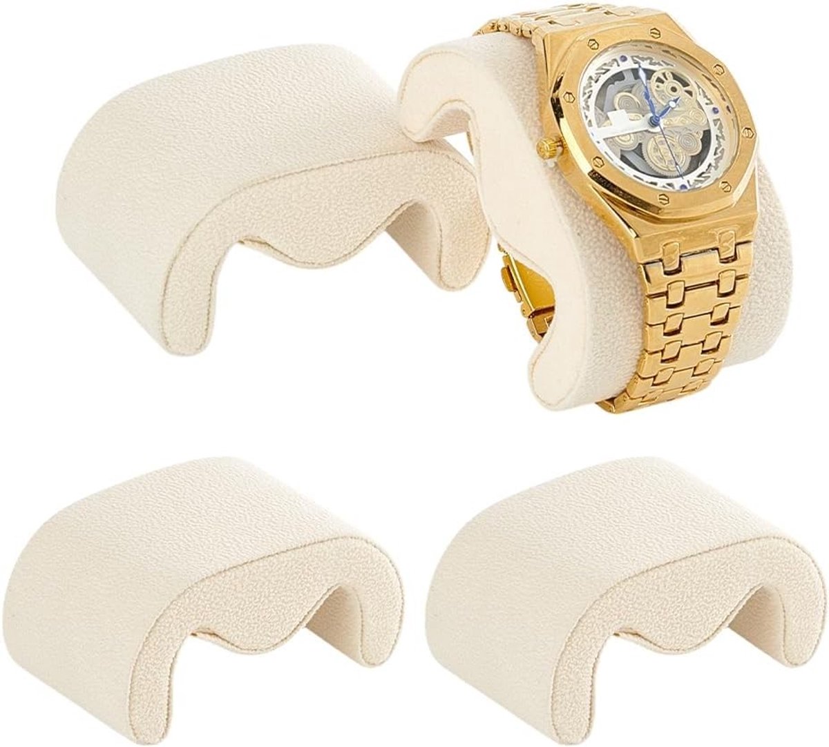 4 Stuks Horloge Kussens 7.3 x 4.8 x 3.5 cm, Fluwelen Bracelet Kussen, M-Vormige Horloge Display Kussen voor Armbanden en Accessoires, Beige