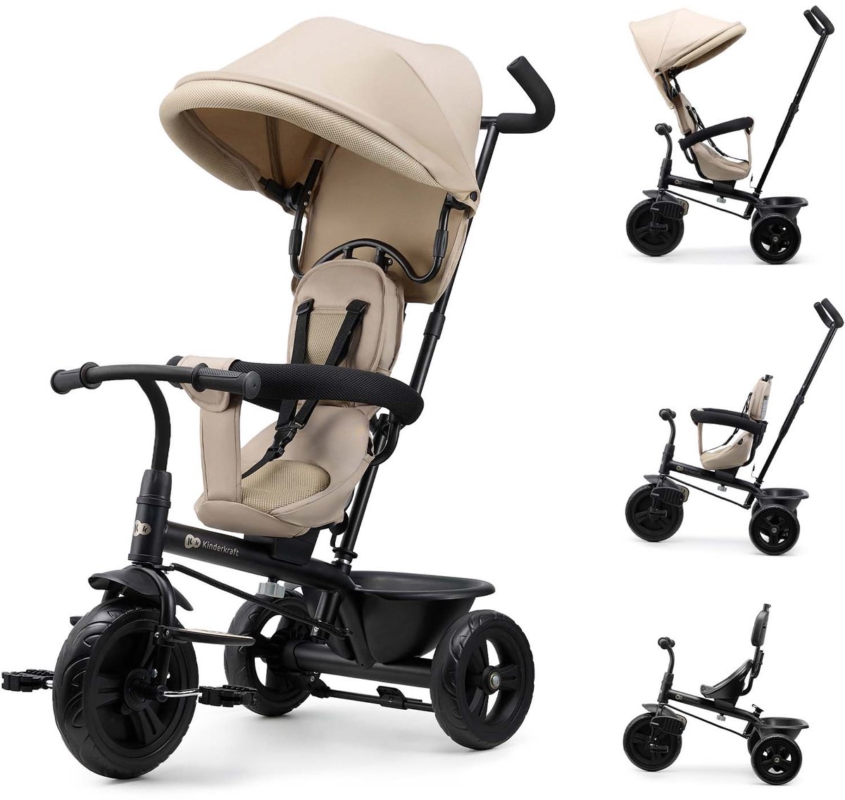 Kinderkraft FREEWAY 2 - 5-in-1 driewieler - 360° draaibare zitting - verstelbare ouderduwstang - vrijloopfunctie - Beige
