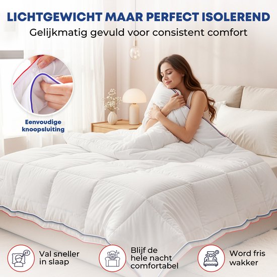 Een vrouw knuffelt een wit dekbed op een bed, met een detail van de knoopsluiting.