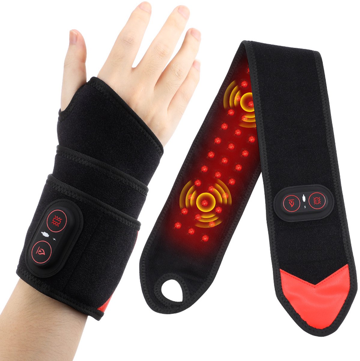 WK Verwarmde Polsband met Roodlichttherapie – 36 LED’s (660nm) – Vibrerende Massage – 3000mAh Batterij -3 Warmtestanden & 3 Vibratiestanden