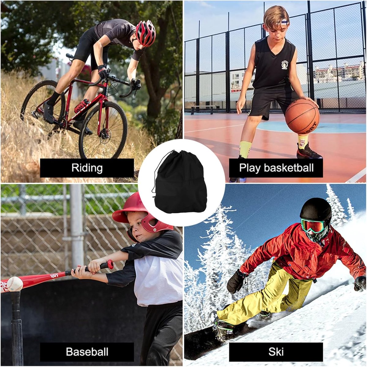 2 stuks motorhelmzak, 47 x 43 cm, met trekkoord, universele motorhelmzak, stofdicht, voor motorhelm, fietshelm, skihelm, basketbal, fitness, buitenactiviteiten (zwart) – foto 3