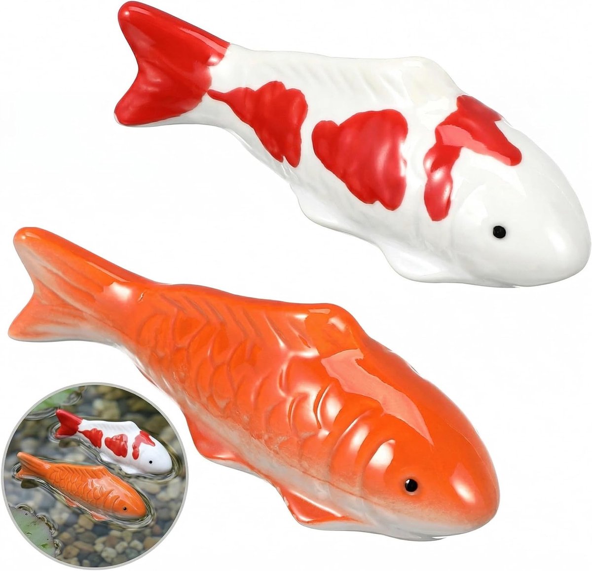 Handgeschilderde keramische vissen, 2 stuks, drijvende Japanse beelden, tafelsculptuur voor huisdecoratie, Zen-tuin ornament voor aquariumdecoratie en liefhebbers