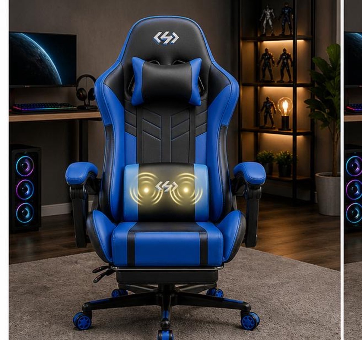 Gaming stoel ergonomisch met voetsteun 70 x 70 x 130 cm – bureaustoel met massagefunctie, verstelbare rugleuning 90°–135°, memory foam, PU-leer, 360° draaibaar, wit-rood – Vermissen