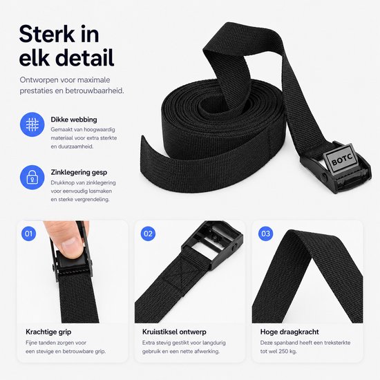 Zwarte spanband met metalen gesp. Gedetailleerde afbeeldingen tonen de sterke grip en kruisliksel ontwerp.