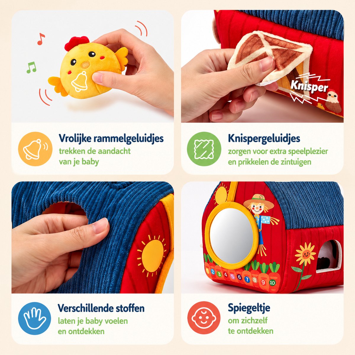 Baby Speelgoed 6-12 maanden - Sensorisch Pluche Speelgoed met Stal en 6 Dierenvriendjes - Montessori Speelgoed met Boerderijdieren - Baby Cadeau met Knuffels - Educatief speelgoed - Kinderspeelgoed 6MND + — afbeelding 8