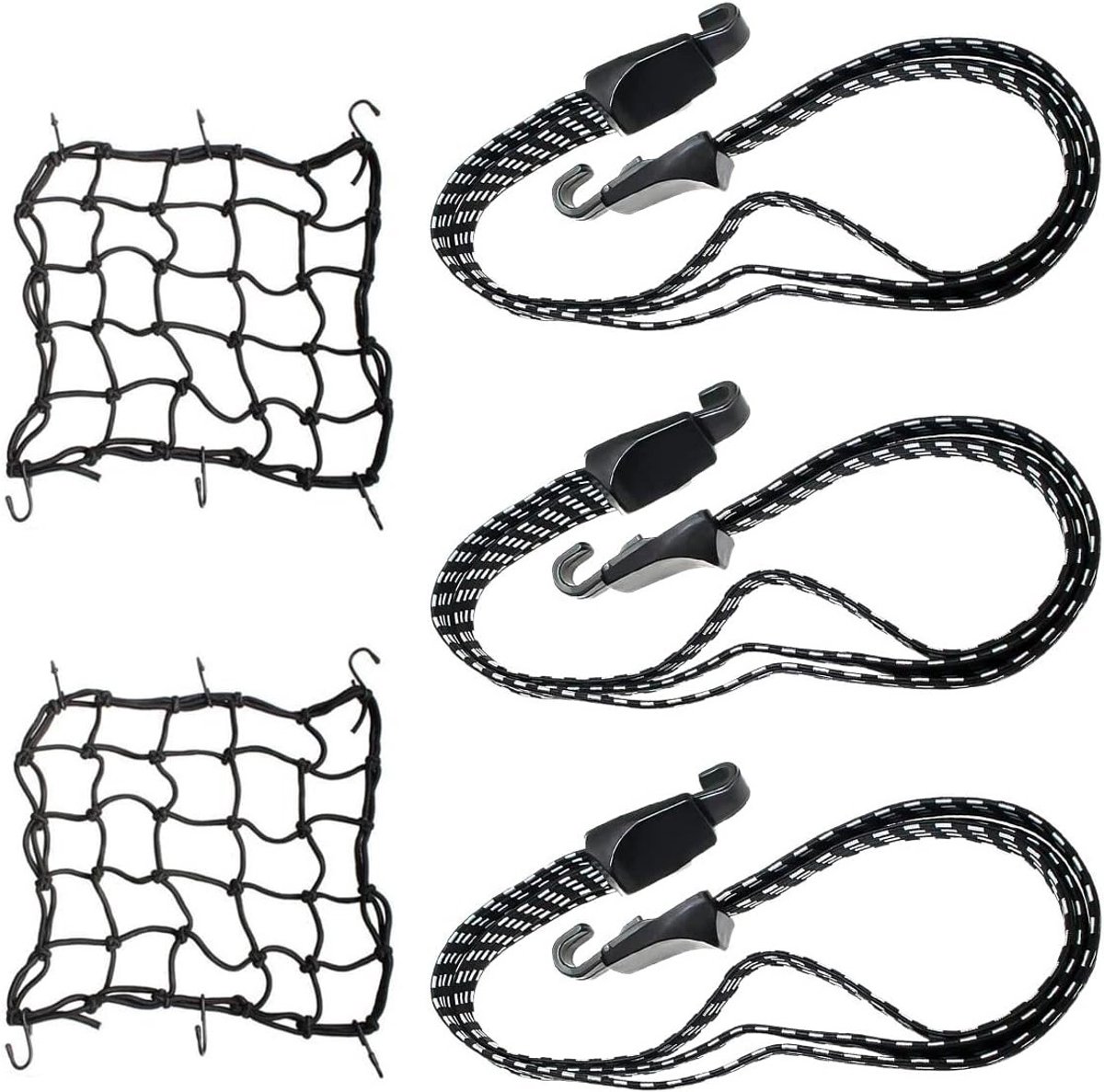 5-delige elastische spanband set met haken, ideaal voor fietstassen, motoren en bagagenetten, 40 x 40 cm