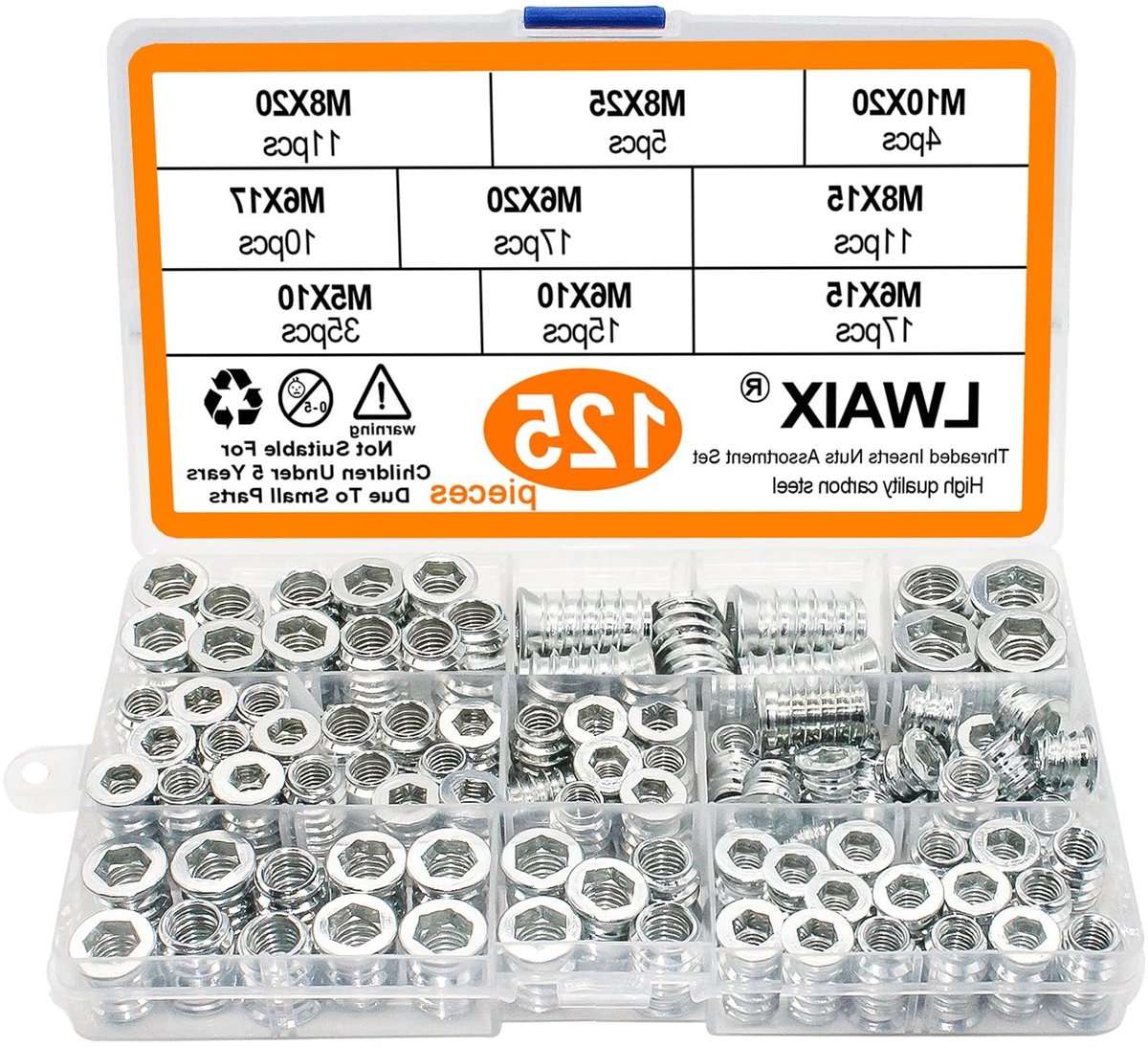 Assortiment van 125 Stuks M5 M6 M8 M10 Schroefdraad Inserts en Hex Moeren van Gegalvaniseerd Staal voor Houten Meubels en Verbetering van Meubelconstructie