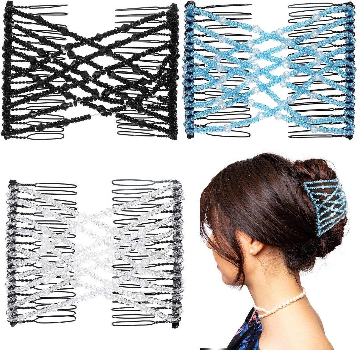 3-delige Verstelbare Rekbare Haar Kam Set, Magische Elastische Dubbele Kam Clips met Kralen voor Vrouwen en Meisjes, Vintage Haarstijl Maker voor Buns en Opsteken