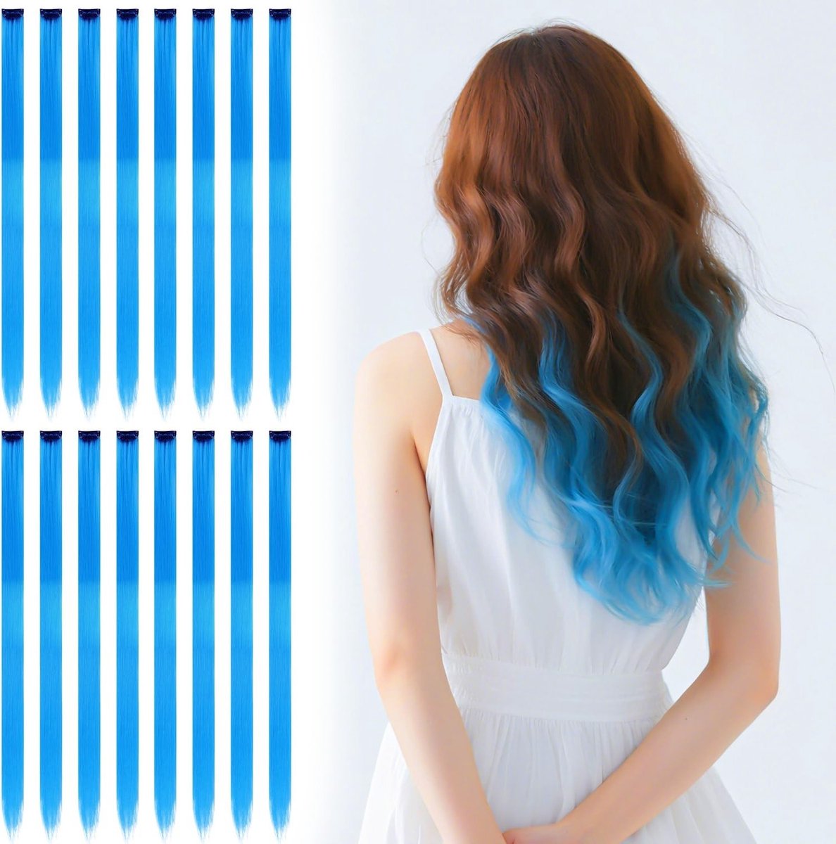 Clip-In Haar Extensions - 16 Stuks 56 cm Synthetische Steile Haarstukken voor Vrouwen met Highlights in Blauw, Perfect voor Volumineus Haar en Styling