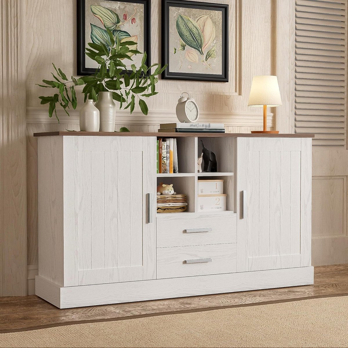 Nordic Elegance Dressoir & Modern Lowboard - 140cm Commode met Soft-Close & 4 Open Vakken - Wit & Bruin Houtnerf