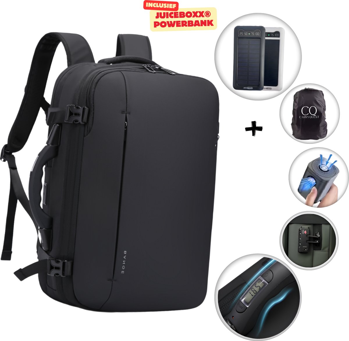 CarryQuest® - BANGE Vacuüm Rugzak 55L - Incl. JuiceBoxx® Solar Powerbank - Handbagage Rugzak met Vacuum Compressie - Vacuum Backpack met Ingebouwde Pomp - Laptopvak 17 inch - TSA-slot - USB-C - Waterafstotend - Zwart