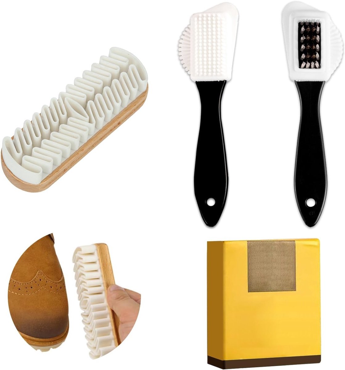 Schoenenborstel set met 4-zijdige borstels, gum en reiniger voor suede en nubuck, ideaal voor onderhoud en bescherming