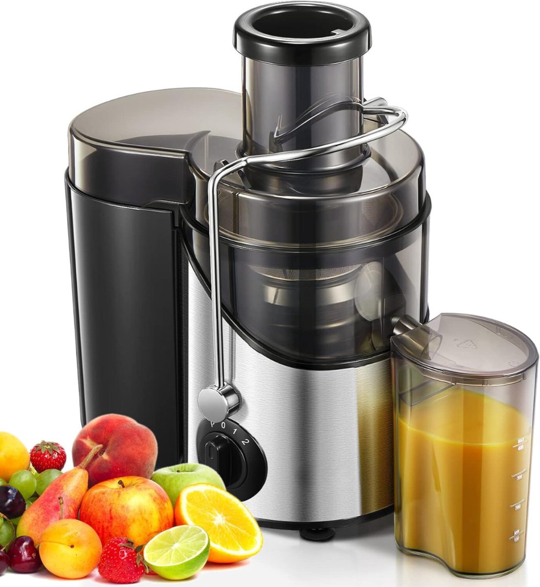 RUX® Sapcentrifuge voor Groenten & Fruit - Juicer met microfilter - Slowjuicer met Grote Vulopening - Fruitpers - 3 Snelheden - BPA-Vrij - Zwart/RVS - Zilver - 30cm x 20cm x 18cm