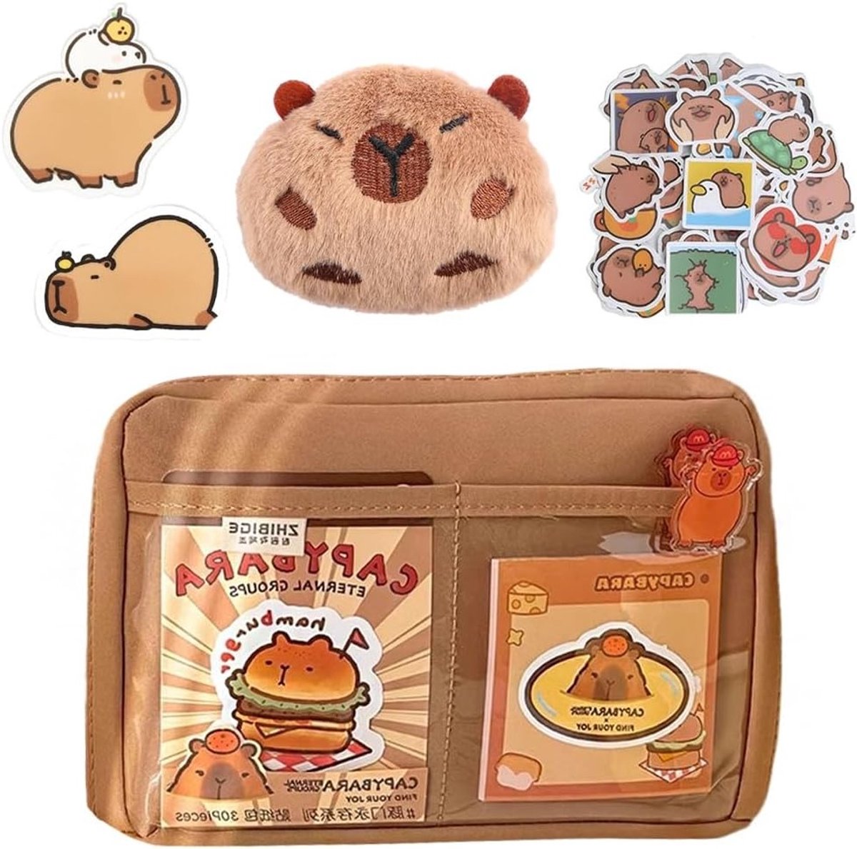 Schattige Pennenbak voor Kinderen, Ruime Organiser voor Schoolbenodigdheden, Inclusief Pluche Speelgoed, Broches en Stickers, Bruin