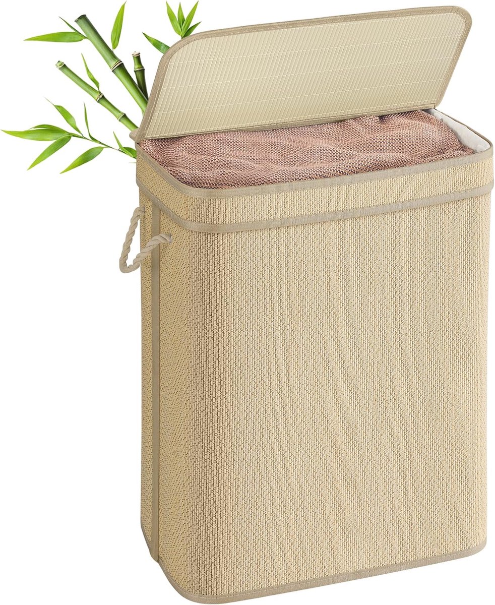 SONGMICS Bamboe wasmand, 90 liter, afneembare en machinewasbare waszak, met deksel, handgrepen, voor wasruimte, slaapkamer, woonkamer, natuurlijk LCB067Y01