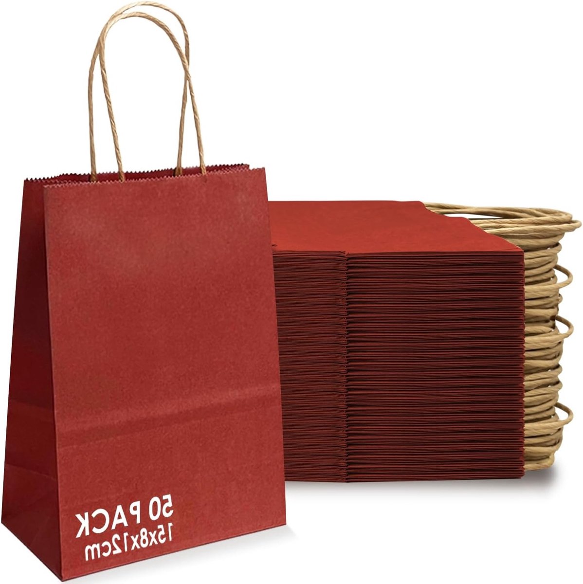 50 stuks kraftpapieren zakken met handvat voor cadeauverpakking, wijn en geschenken, 21 x 8 x 15 cm