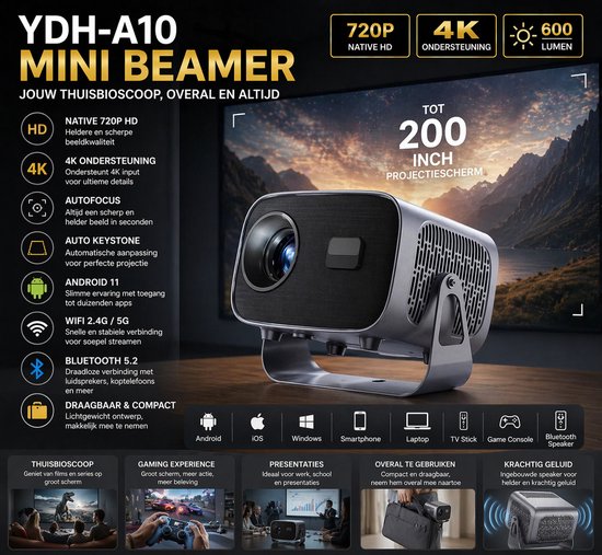Mini Beamer 720P HD 600 Lumen Draagbare Projector Android 11 WiFi Bluetooth 5.2 Autofocus Keystone