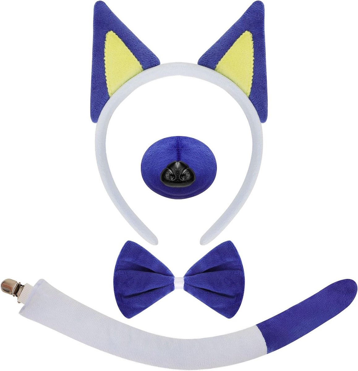 Complete 4-delige hondenkostuum set met accessoires voor volwassenen en kinderen, perfect voor Halloween, inclusief oortjes, staart en strik.