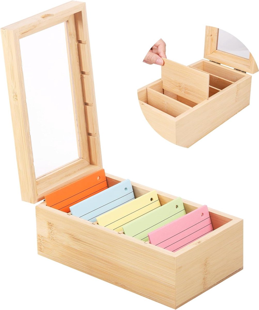 Houten Kaartenhouder met 5 Afneembare Vakken, Organiser voor Recepten, Flashcards en Kantoorbenodigdheden, Ideaal voor Thuis en School