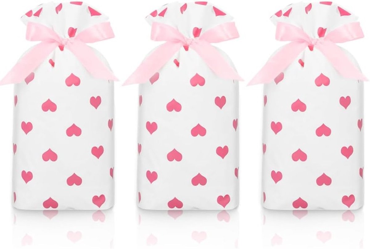 Hartvormige geschenkzakjes in roze met trekkoord en satijnen lint voor snoep, koekjes en kleine cadeaus, ideaal voor verjaardagen, bruiloften en feestjes