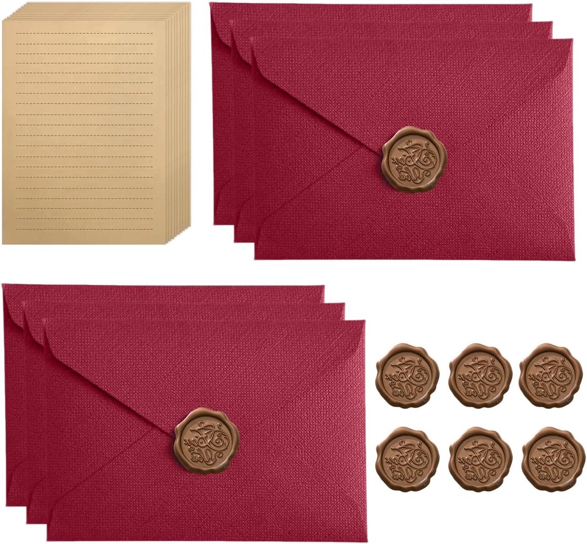 Vintage schrijfpapier set met 10 A5 vellen, 6 enveloppen en 6 stempels voor bruiloften, verjaardagen en kaarten, donkerrood kraftpapier
