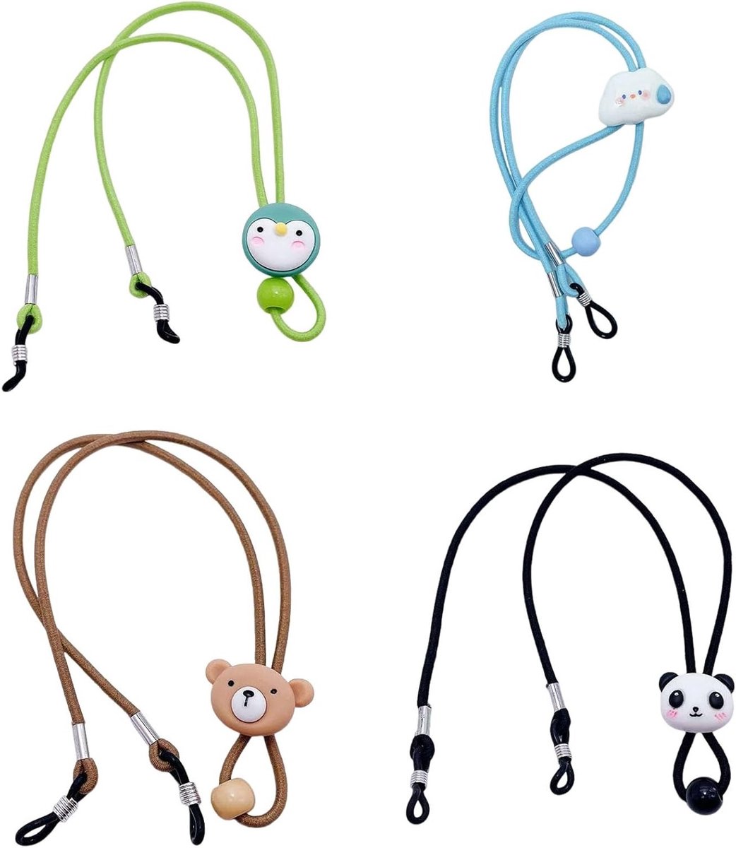 Verstelbare Brilkettingen Set van 4 voor Dames, Kinderen en Heren - Inclusief Dierenthema's zoals Panda en Pinguïn, Bruin, One Size, Brilaccessoires