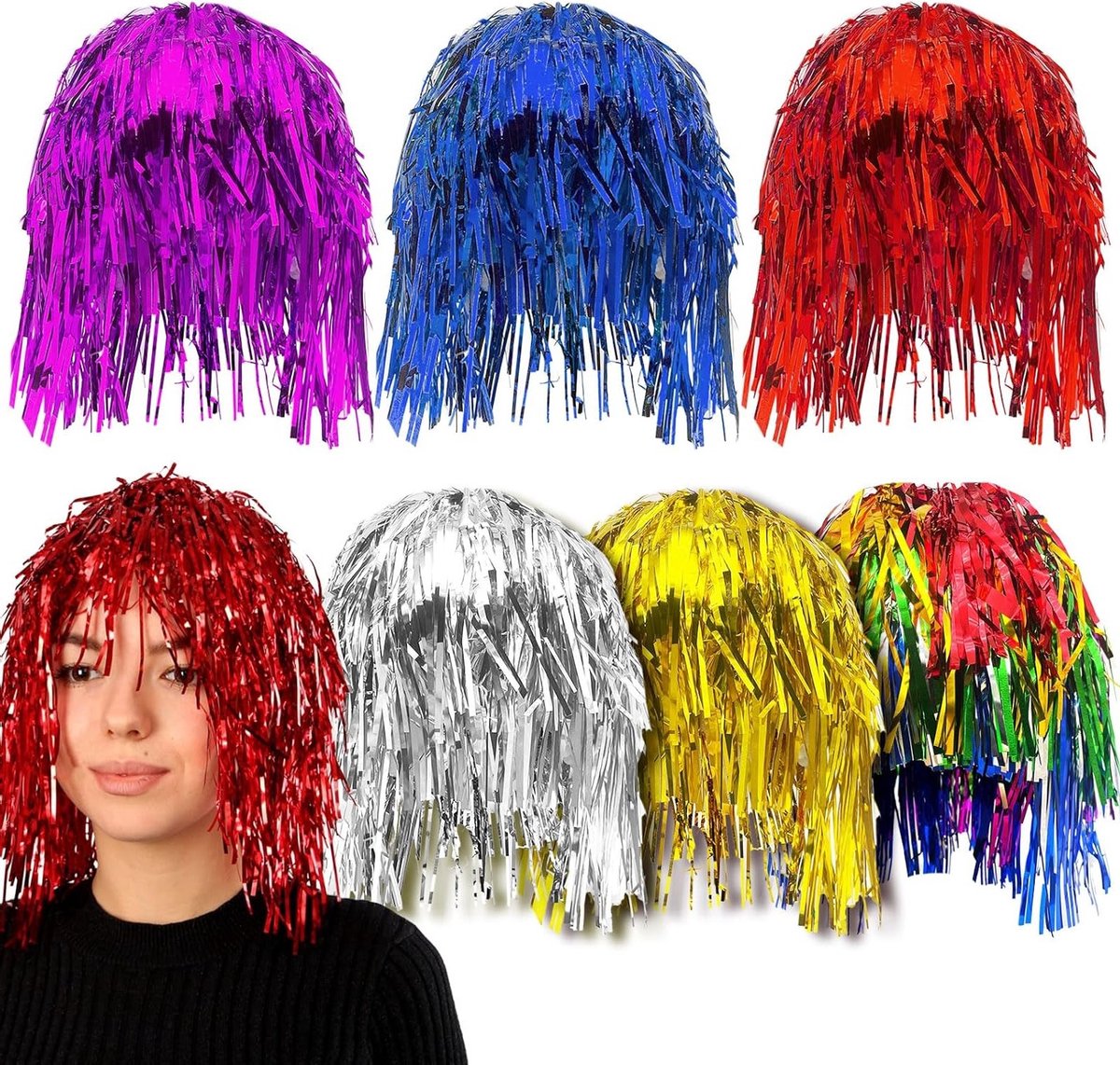 Set van 6 Glanzende Feestwigs voor Halloween, Carnaval, Cosplay en Themafeesten - Multi-kleurige Oprol Wigs voor Feestjes en Disco's