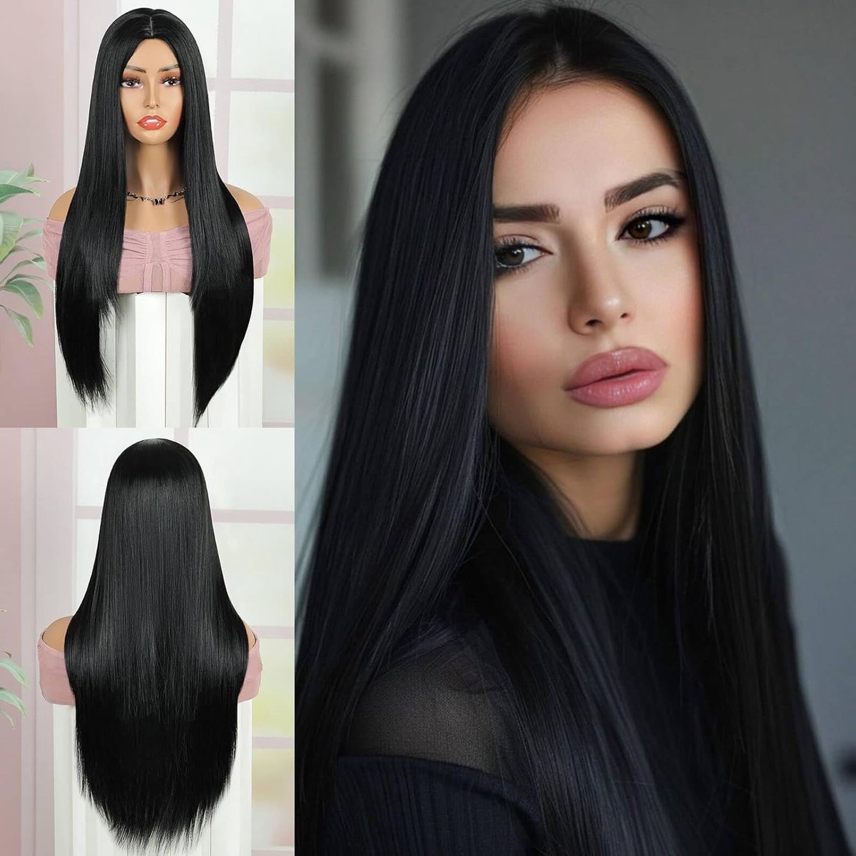 Lang Zwart Synthetisch Haar voor Dames - Rechte U-Part Peruk voor Feest, Cosplay en Halloween Kostuum