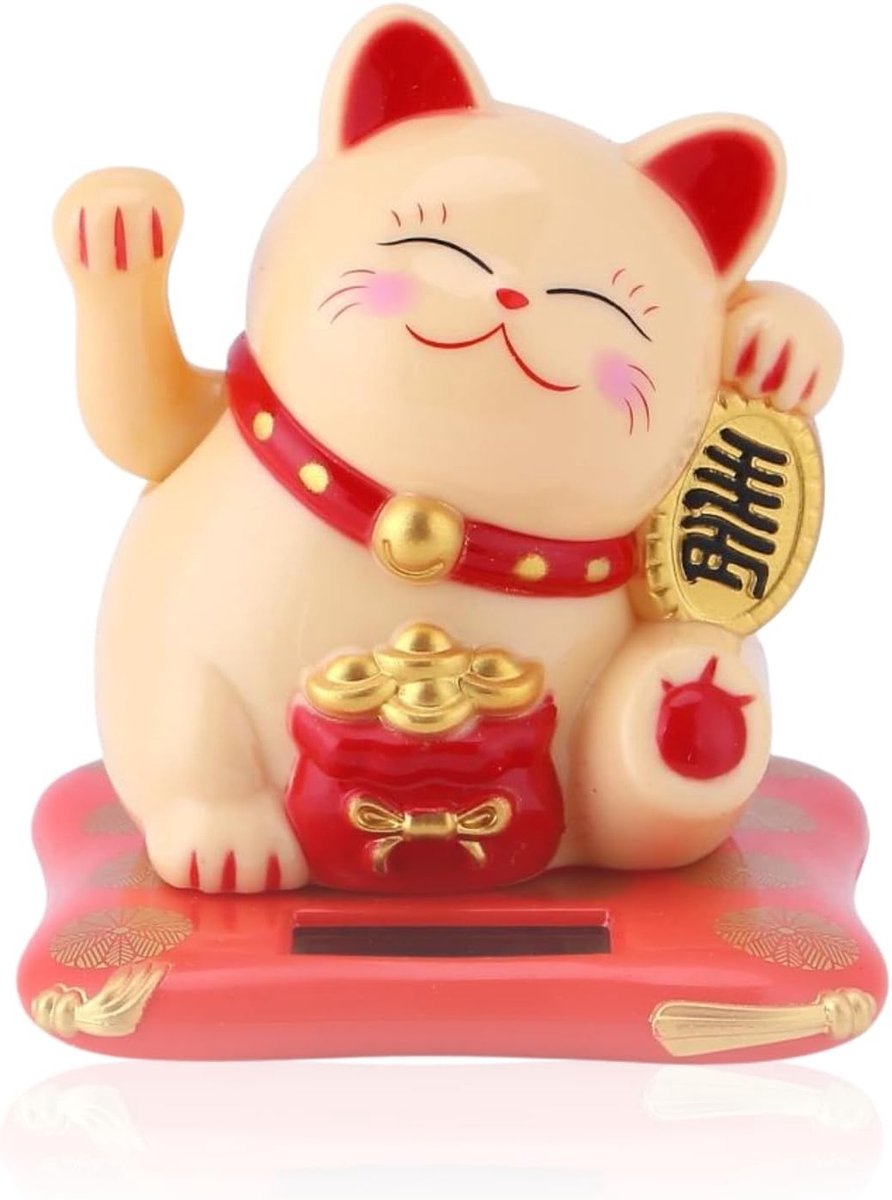 Gelukkige Waving Fortune Cat Ornament voor Bureau en Auto - Zonne-energie, Gelukskat, Decoratie voor Welvaart (Geel)