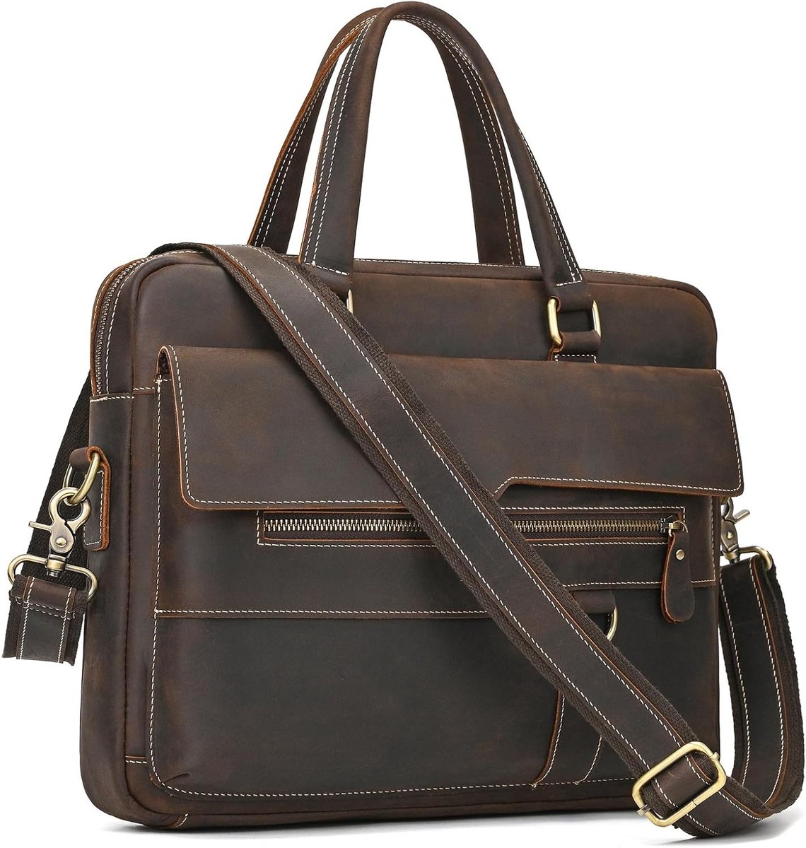 Stijlvolle Leren Laptop Bag voor Mannen met Verstelbare Schouderriem, Geschikt voor 15.4 Inch Laptop, Luxe Schoudertas en Laptoptas met Extra Sleeve in Donkerbruin