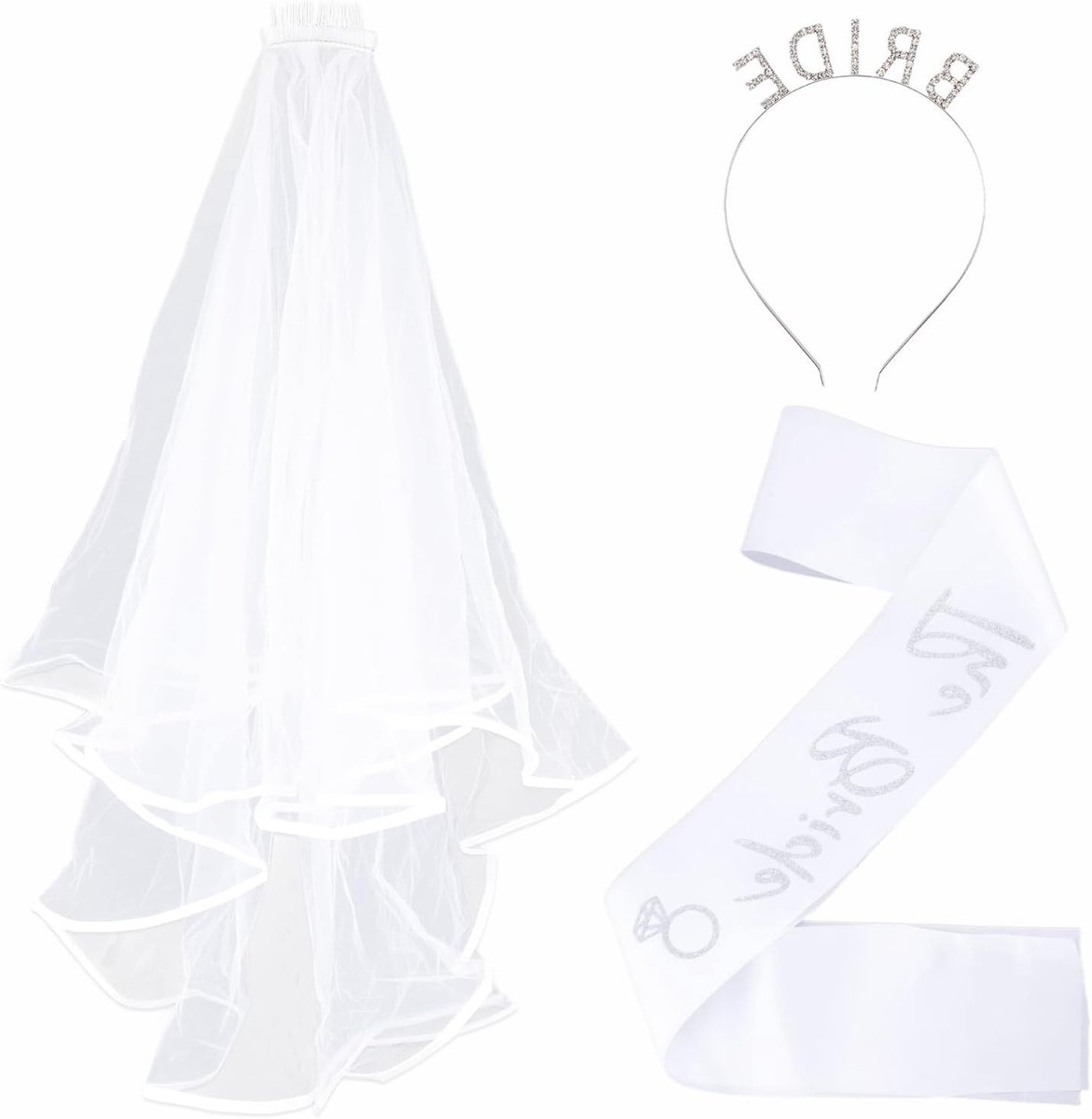 Elegante Bruiloft Decoraties Set met Witte Accessoires, Inclusief Bruid Sjerp, Sluiers en Hoofdband voor Vrijgezellenfeest en Feestelijke Geschenken
