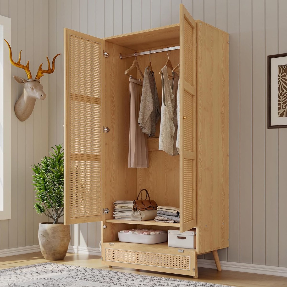 Kledingkast met stang 90 x 45 x 183 cm – 2-deurs kledingkast met rotan look – Garderobekast met hanggedeelte en opklapbare opbergruimte – Houten kast voor slaapkamer en hal – Naturel – Vermissen