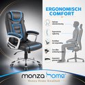 Zwarte, ergonomische bureaustoel met blauwe accenten, met uitleg over nekondersteuning, rugleuning en 3cm dikke armleuningkussens.