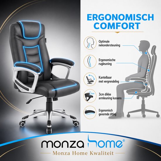 Zwarte, ergonomische bureaustoel met blauwe accenten, met uitleg over nekondersteuning, rugleuning en 3cm dikke armleuningkussens.
