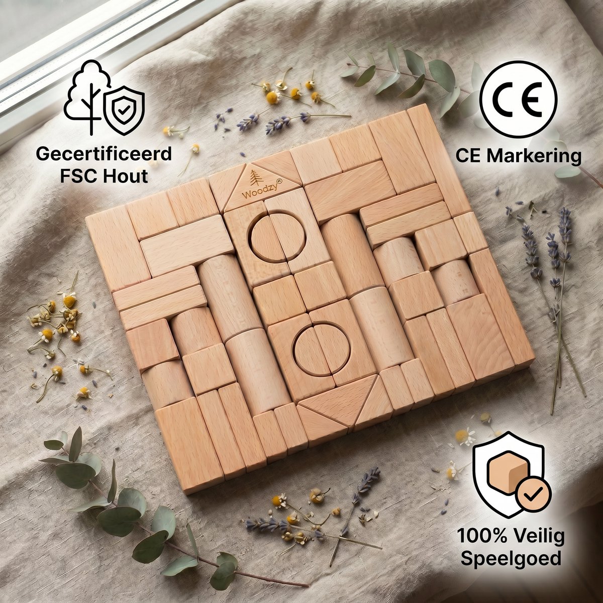 Woodzy Houten Blokkenset 60 Delig – FSC® Gecertificeerd – Montessori Speelgoed – Educatief Speelgoed 3+ Jaar – Naturel Hout – Grote Bouwset – Cadeau Kinderen — afbeelding 6