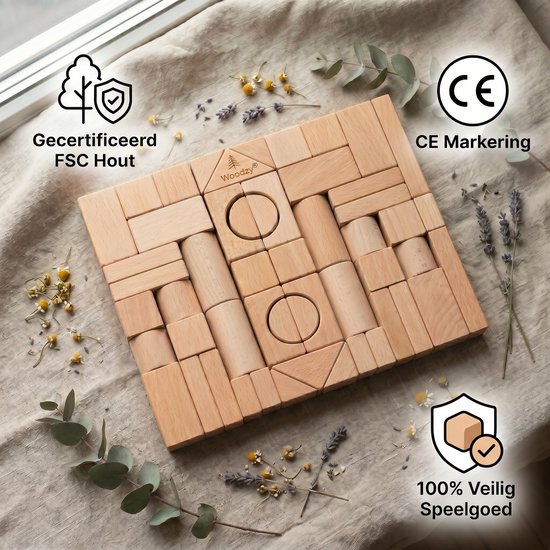 Woodzy Houten Blokkenset 60 Delig - FSC® Gecertificeerd - Montessori Speelgoed - Educatief Speelgoed 3+ Jaar - Naturel Hout - Grote Bouwset - Cadeau Kinderen van Merkloos — afbeelding 3