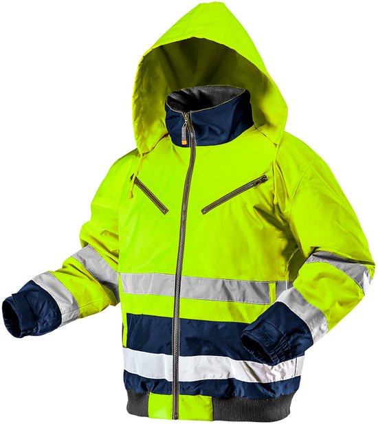 Gele werkjas met capuchon, navy blauwe details en reflecterende strepen op de mouwen en romp.