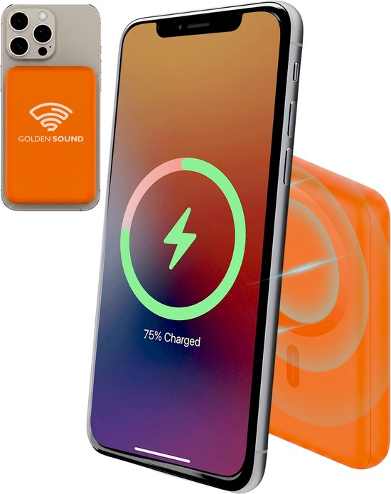 Batterie externe magnétique orange chargant un iPhone à 75%.