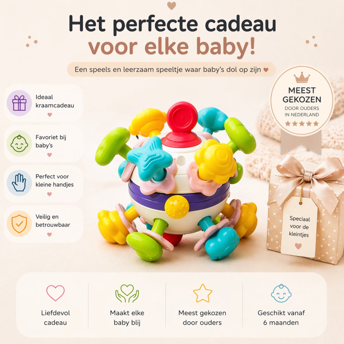 Bitey Rammelaar - Bijtring Baby - Montessori Speelgoed - BPA-vrij - Grijp- en Bijtspeelgoed - Kraamcadeau - Babyshower Cadeau - Baby Speelgoed - Spelen en ontdekken - vanaf 3 maanden – foto 2
