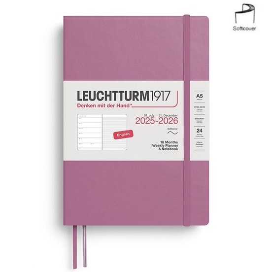 Leuchtturm1917 - Agenda en Notitieboek - 18 maanden - 2026/2027 - Zachte kaft - A5 formaat - Medium - DUSTY ROSE