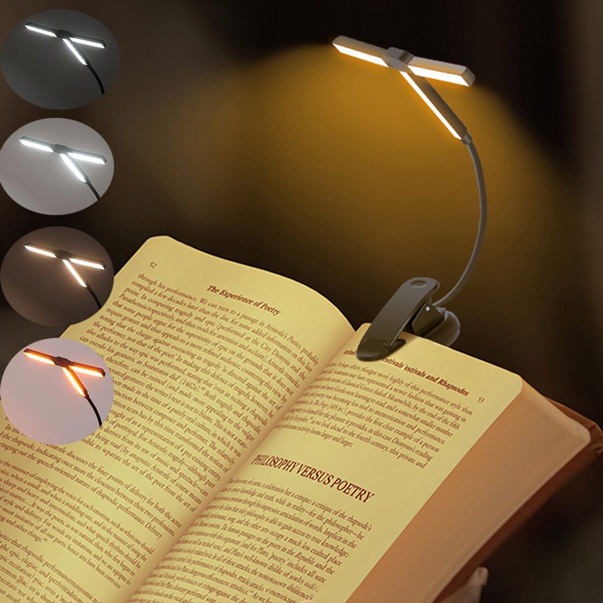 Oneay LED-leeslamp met drie koppen en clipbevestiging, 4 kleurstanden, oogvriendelijk leeslicht, geschikt voor slaapkamers en bureaus.