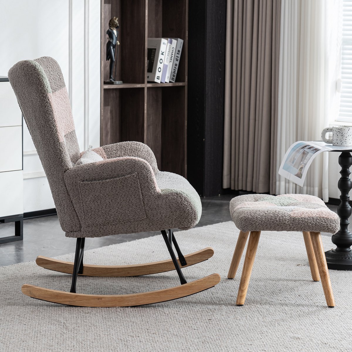 MIVRAY Schommelstoel 93 Cm - Met Voetenbank En Lendenkussen - Voor Woonkamer En Slaapkamer - Fluweel Meerkleurig Multicolor