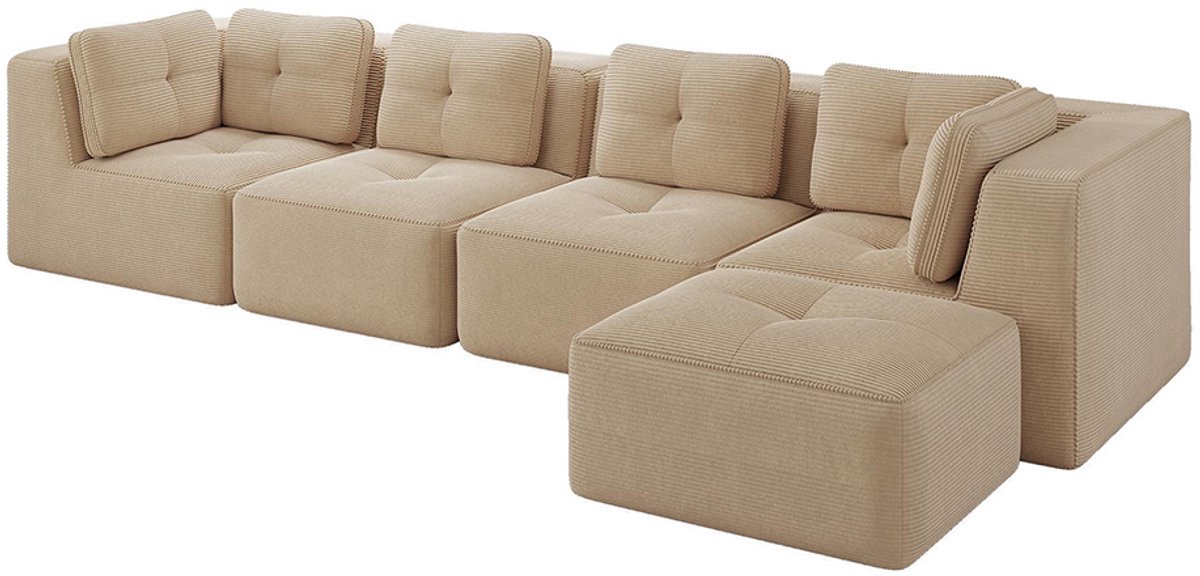 Komhtom Hoekbank zonder armleuningen voor de woonkamer met chaise longue, comfortabele 4-zitsbank met diepe zitting, zachte kussens en bekleding van touw, geen montage nodig en antislipontwerp, beige