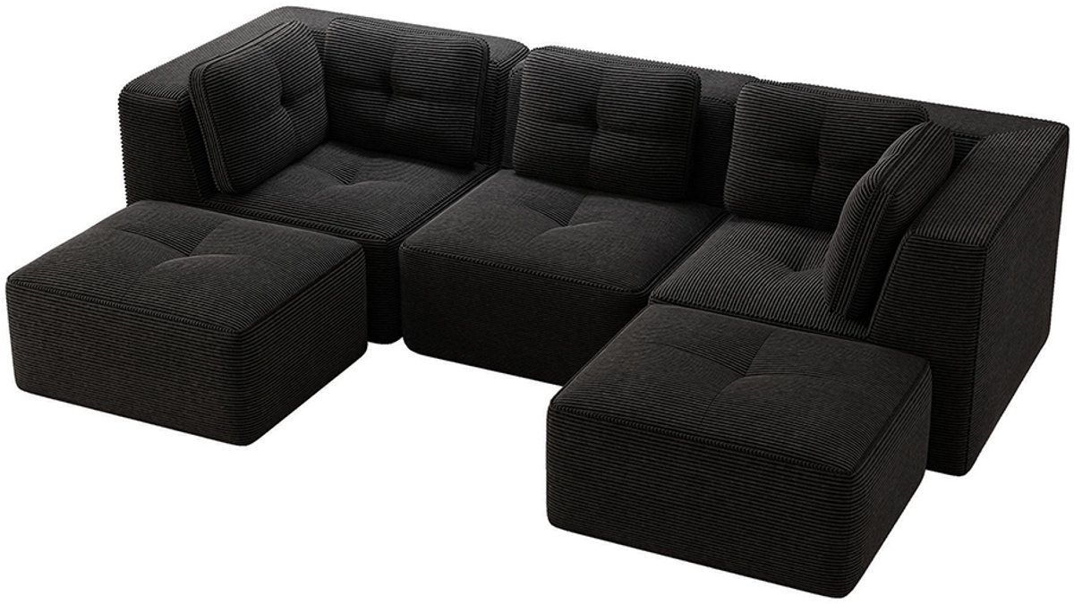 Komhtom Modulaire hoekbank zonder frame in U-vorm, Modulaire bank met chaise longue, ideaal voor de woonkamer, Driezitsbank met „Corde“-bekleding en diepe zitting, Geen montage nodig, Zwart