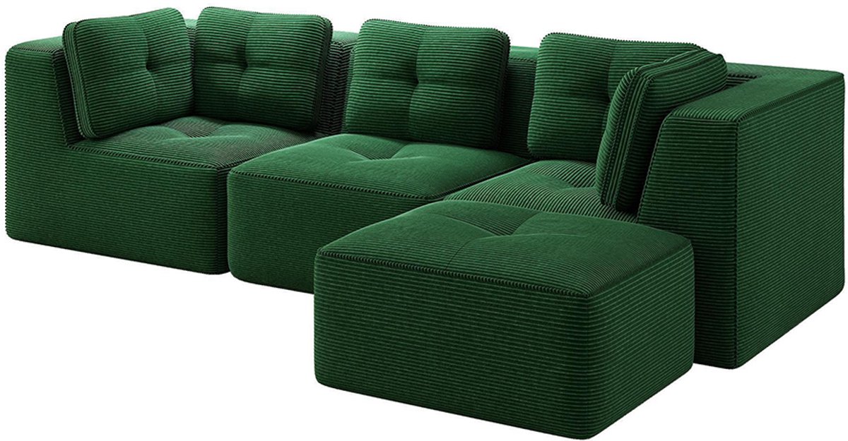 Komhtom L-vormige hoekbank zonder frame, Modulaire hoekbank, Hoekbank met chaise longue, Modulaire bank in Cord, 3-zitsbank in Cord met diepe zitting voor de woonkamer, Geen montage nodig, Groen