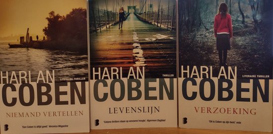 Drie boeken van Harlan Coben: 'Niemand vertellen' met een waterlandschap, 'Levenslijn' op een brug en 'Verzoeking' met een meisje in het bos.