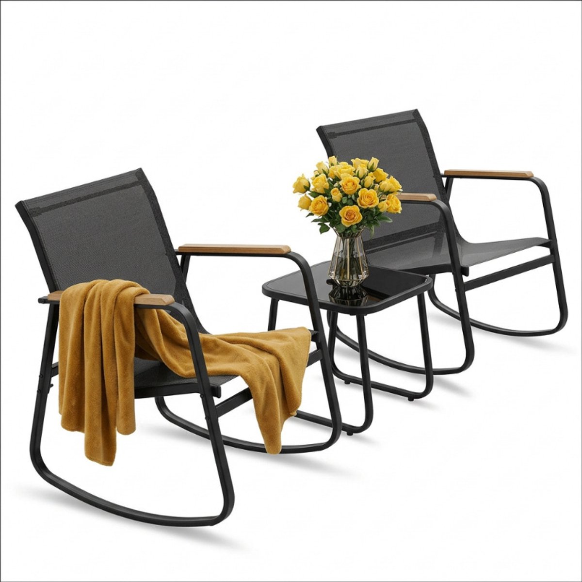 Tuinset-Tuinmeubelset van 3- 2 schommelstoelen & glazen tafel-Mesh stof & Staal-Zwart.