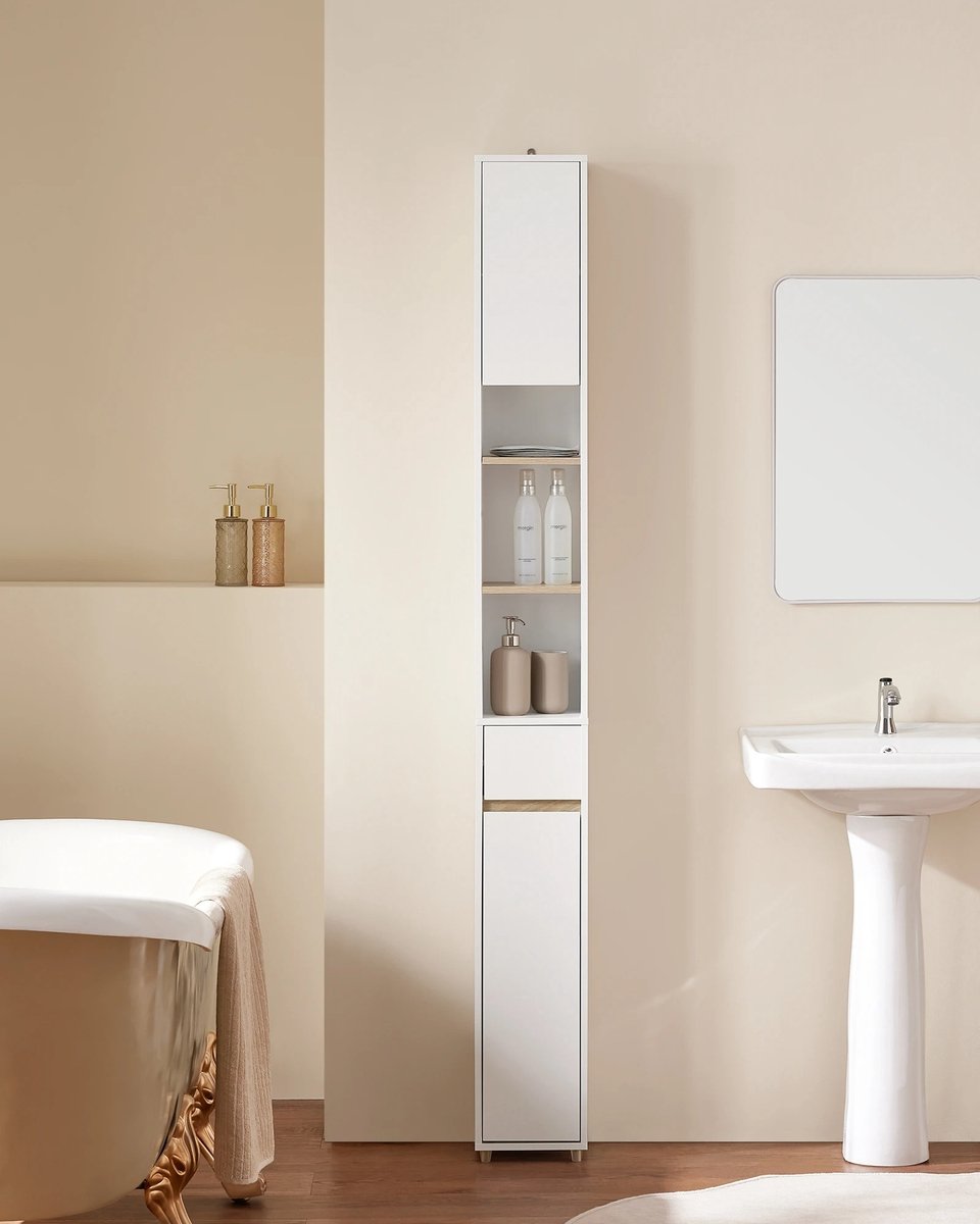Mosh Stories Smalle Hoge Badkamerkast - Badkamer Kast - Bathroom Cabinet 180 cm – Klassieke Opbergkast met Verstelbare Planken