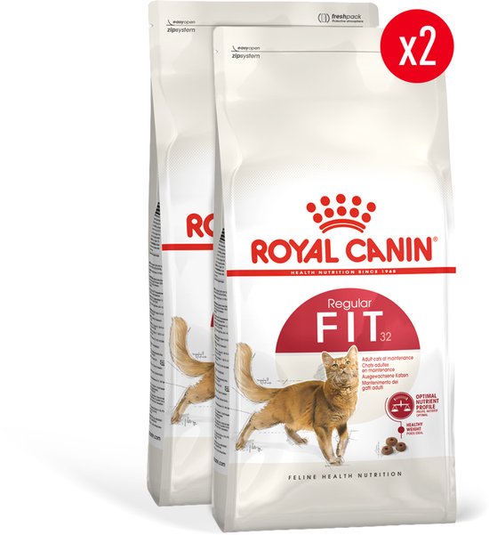 Twee zakken Royal Canin Fit 32 kattenvoer met een afbeelding van een oranje kat.